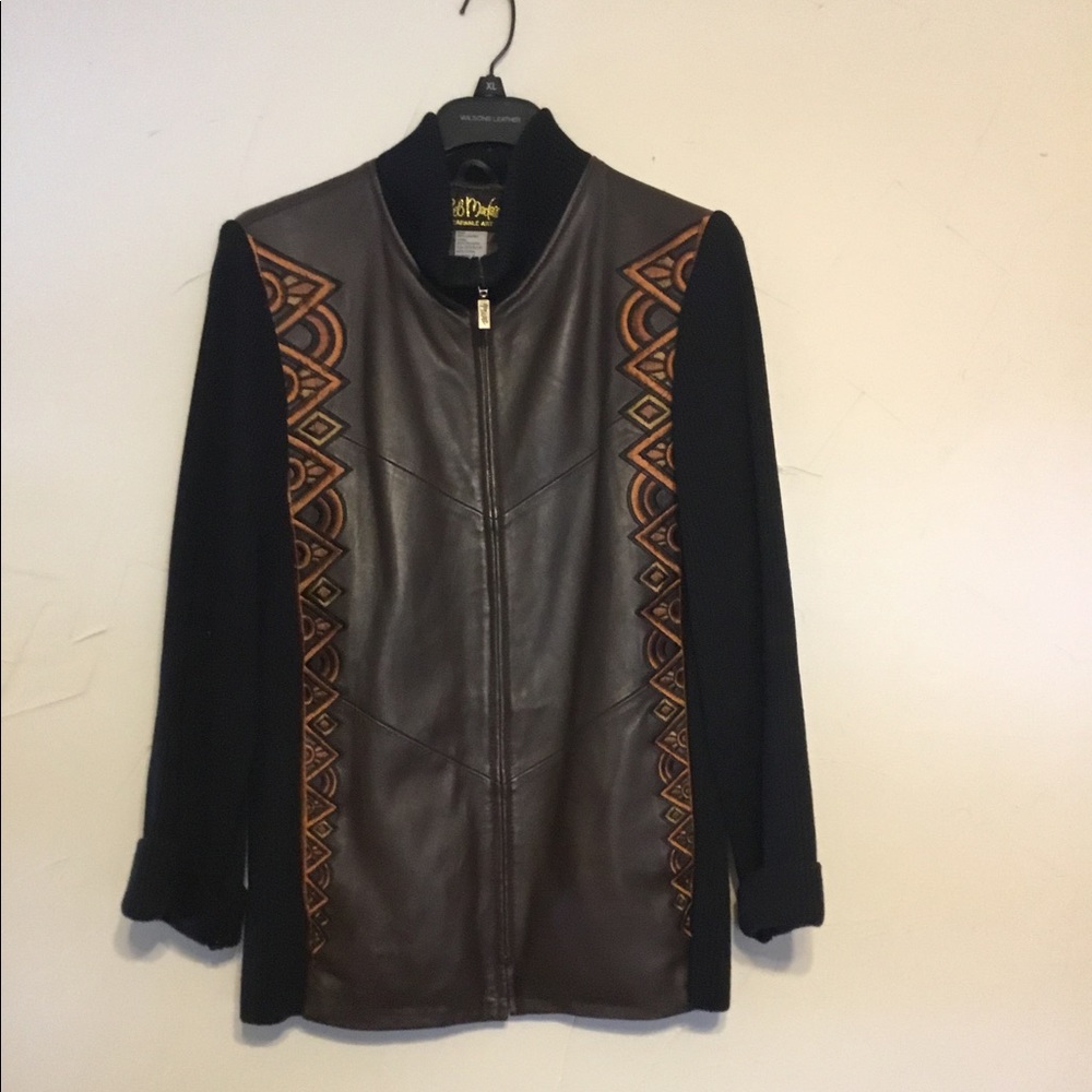 Bob Mackie Brown Leather Wearable Art Zip Front Sweater Jacket Size M